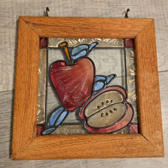 Vintage Stained Glass Apple Window Panel Hanging Sun Catcher Wood Frame - Picture 8 of 8